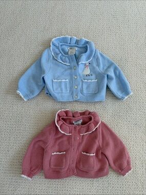 Amazon Essentials x Sofia Grange Pink and Blue Goose Ruffle Collar Knit Sweaters